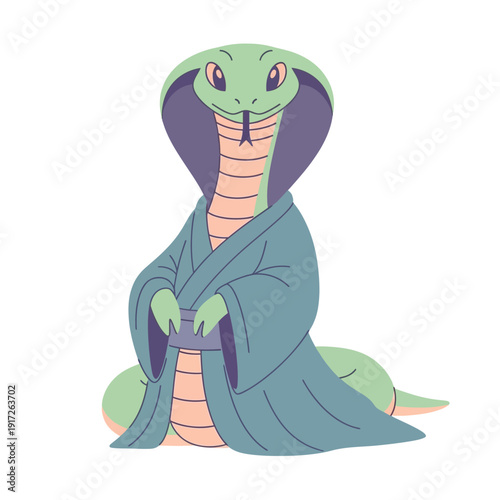 A cartoon green snake wearing a blue robe sits on the ground looking up.