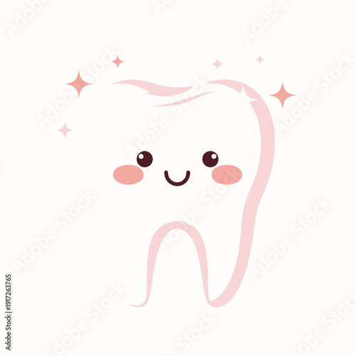 A cute cartoon tooth with a smile and sparkles is illustrated on a white background.