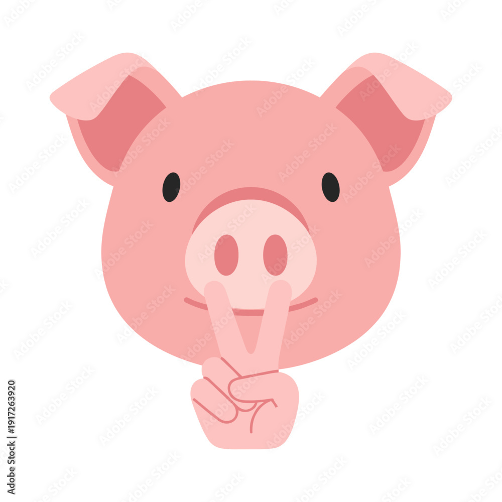 Fototapeta premium A pink pig's face with a hand making a hush gesture on a white background illustration.