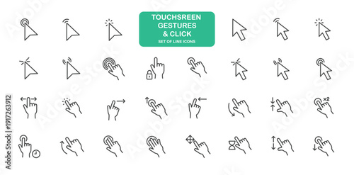 Touchscreen Gestures and click Icons. Thin Line Symbol Elements Collection.