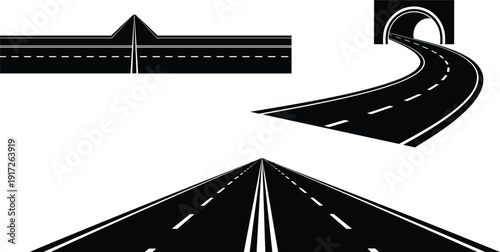 Set of black road silhouettes featuring a straight highway perspective, a winding road leading to a tunnel, and a horizontal asphalt street design.