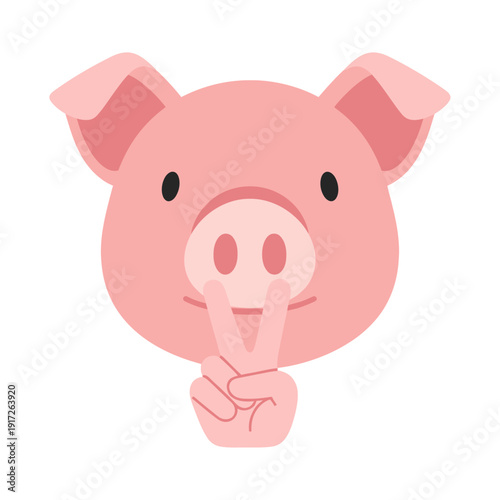 A pink pig's face with a hand making a hush gesture on a white background illustration.
