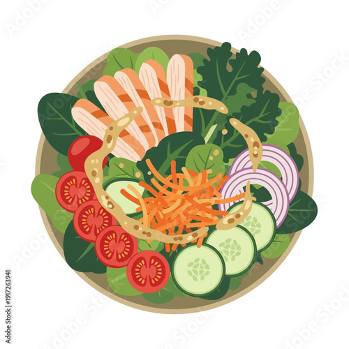A vibrant salad bowl filled with grilled chicken, fresh vegetables, and healthy greens on a white background.