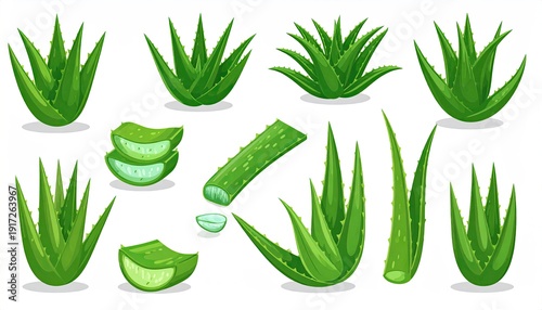 Array of aloe vera plants and slices