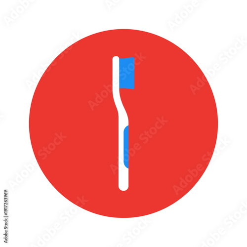 A simple blue and white toothbrush on a red circular background in a minimalistic illustration.