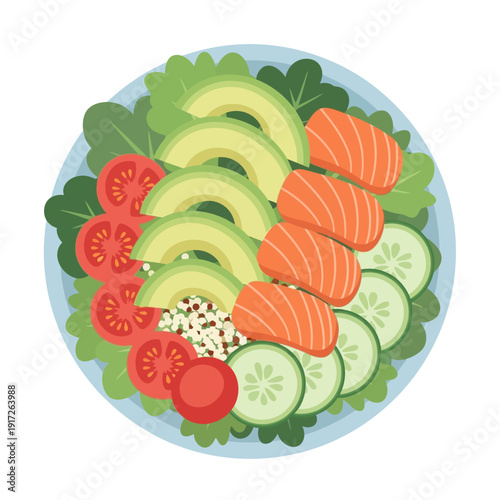Delicious salmon sushi salad with avocado, tomatoes, cucumbers on lettuce plate