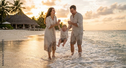 Happy Family Playing on Tropical Beach Sunset