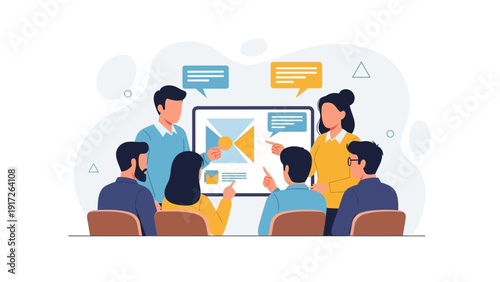 Team Meeting Presentation with Business People and Speech Bubbles