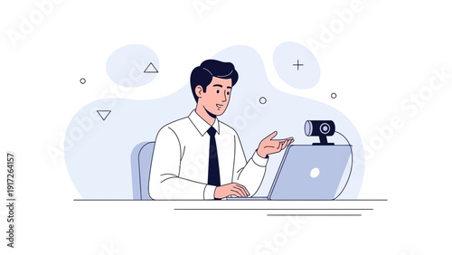 Man in formal wear using laptop and webcam for video call, remote communication
