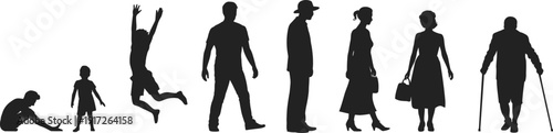 Human life stages silhouette collection showing growth from childhood to old age, development, aging process and life cycle concept illustration