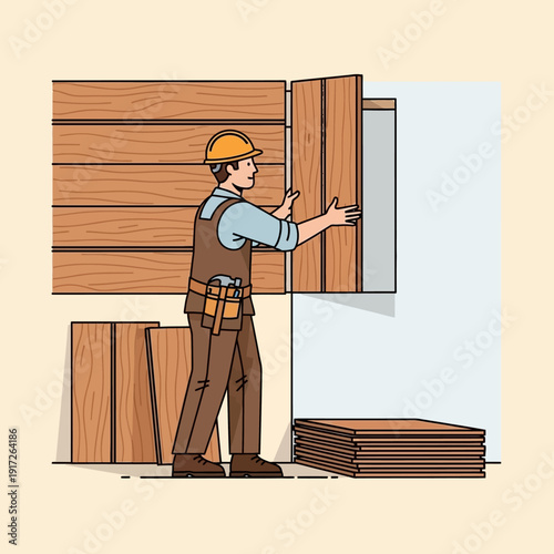 Carpenter installing wooden panel on wall.
