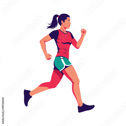 A woman in athletic wear is running quickly across a plain background in a dynamic pose.