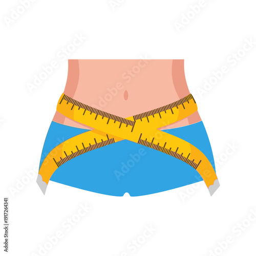 A person measures waist with tape around blue shorts on lower body.