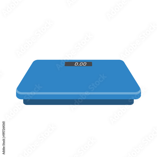 An illustration of a blue digital scale on a white background shows the device.