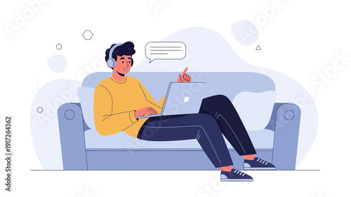 Man with headphones working on laptop while sitting on sofa, online communication concept