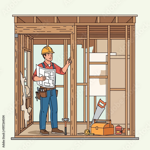 Carpenter constructing wall with blueprint in unfinished room.