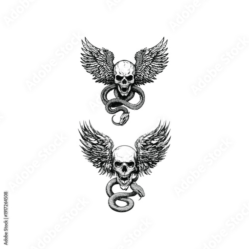 Vintage engraving set of winged human skulls with coiled serpents, dark gothic occult horror illustrations isolated on white background.