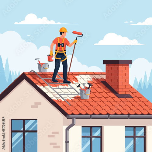 roofer painting roof tiles with roller.