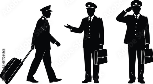 Set of black silhouettes of professional male airline pilots and officers in uniform walking with luggage, gesturing, and saluting on white background.
