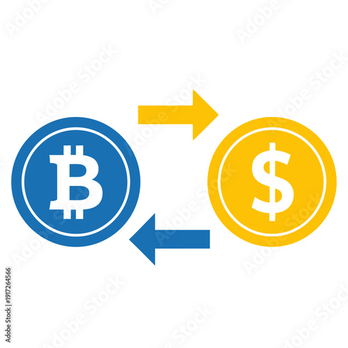 The bitcoin logo exchanges with a dollar sign through arrows on a white background.