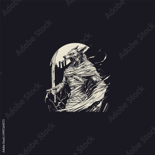 Angry werewolf warrior mummy holding a sword with moon background.