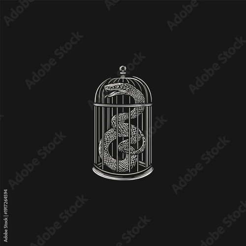 Vintage engraving illustration of a large venomous snake trapped inside a metal cage
