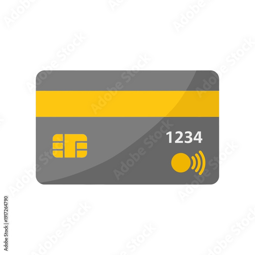 An illustration of a gray and yellow credit card with a chip and contactless payment symbol on a white background shows finance technology.