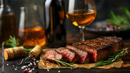 Dark Elegant Restaurant Still Life with Sliced Medium-Rare Beef Steak, White Wine Glasses, and Rosemary on Rustic Wooden Board Gourmet Sliced Grilled Steak with White Wine Glasses and Rosemary