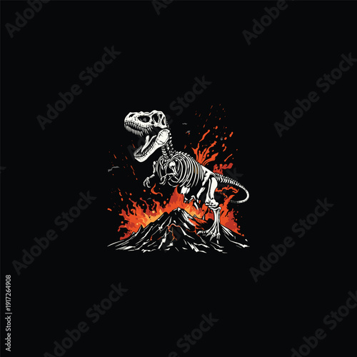 illustration of a T-Rex dinosaur skeleton standing on a volcanic mountain with fire and lava, prehistoric fossil concept on black background.