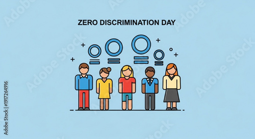 Diverse people standing together for zero discrimination day promoting equality and inclusivity with symbolic icons