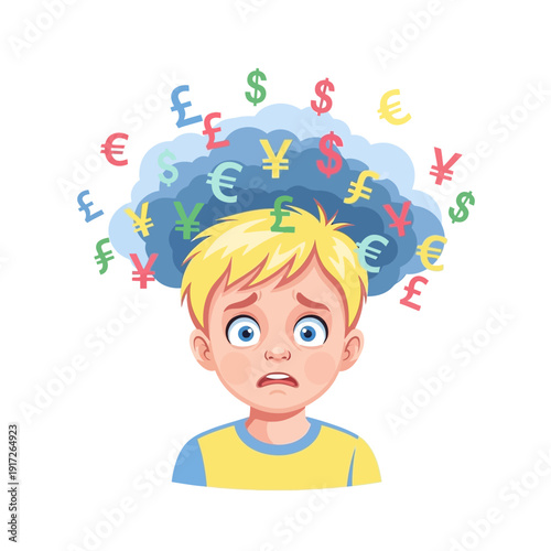 A worried boy has many currency symbols floating above his head in thought.