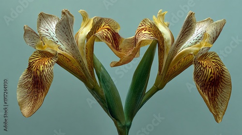 Close-up of two iris flowers with intricate patterns, soft colors, and delicate petals
