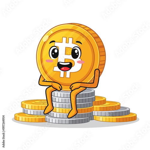 A cartoon bitcoin character happily sitting on stacked coins with a cheerful expression.