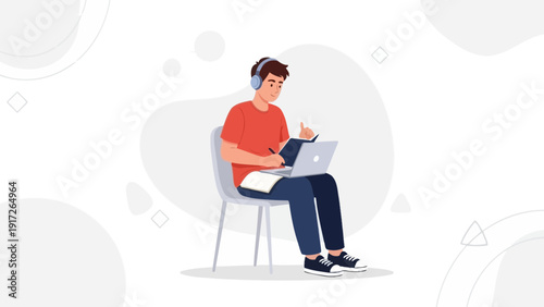 Young man with headphones studying on laptop, remote work, online learning