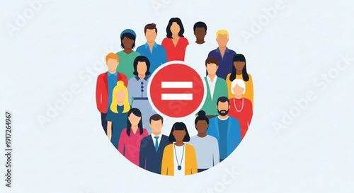 Diverse group of people gathered around equality symbol representing unity and diversity in a circular formation on a light background