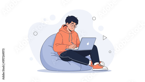 Young man in hoodie using laptop on bean bag chair, modern illustration
