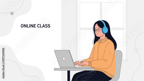 Young woman attending online class on laptop with headphones, learning remotely