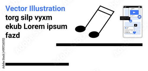 Music, social media, communication, digital interaction, technology integration, content sharing. Black musical notes and a smartphone screen with social media interactions. Music and social media