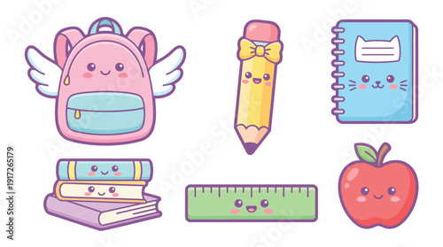 Cute cartoon school supplies with smiling faces, including a winged backpack, pencil, notebook, books, ruler, and apple.