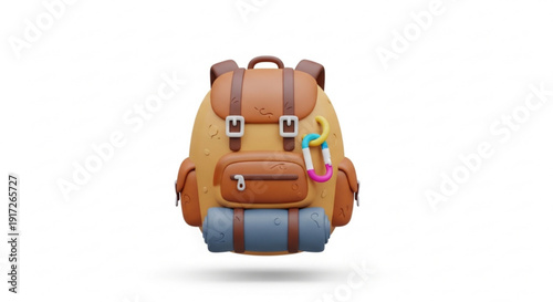 Brown leather backpack with colorful straps and blue bottom pockets