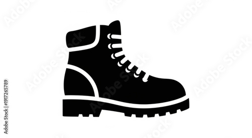 Black silhouette hiking boot with white accents on plain background