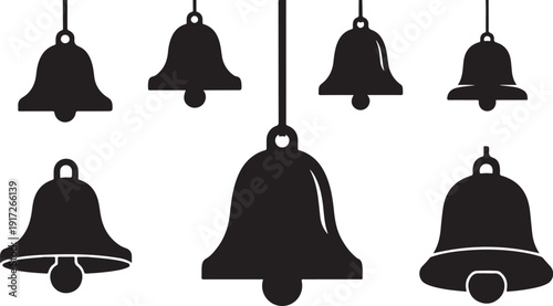 Collection of black bell silhouettes on white background illustration