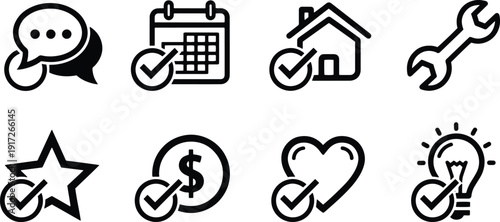 A set of vector line art icons featuring business and communication symbols in silhouette mode