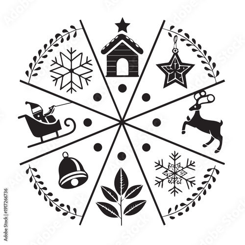 Christmas mandala wheel design with holiday elements including santa sleigh reindeer snowflake bell star and leaf branches arranged in circular segments for winter festive decor