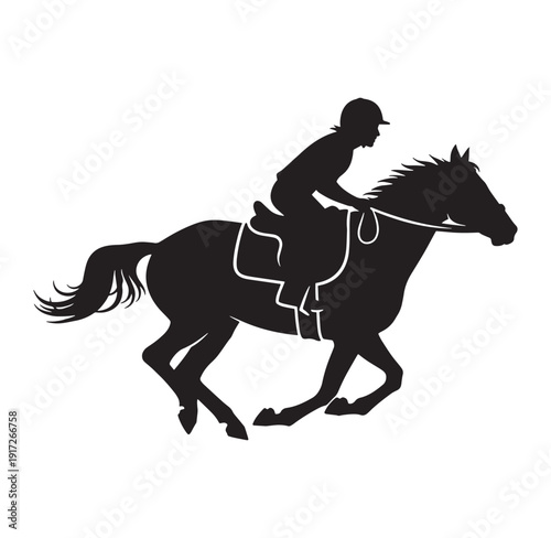 silhouette of horse and rider running fast side view  horse riding  equestrian sports
