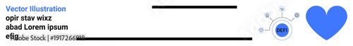 Decentralized finance, blockchain, cryptocurrency, fintech, interconnected networks, innovation. Minimal graphic with heart icon and decentralized blockchain elements. Decentralized finance