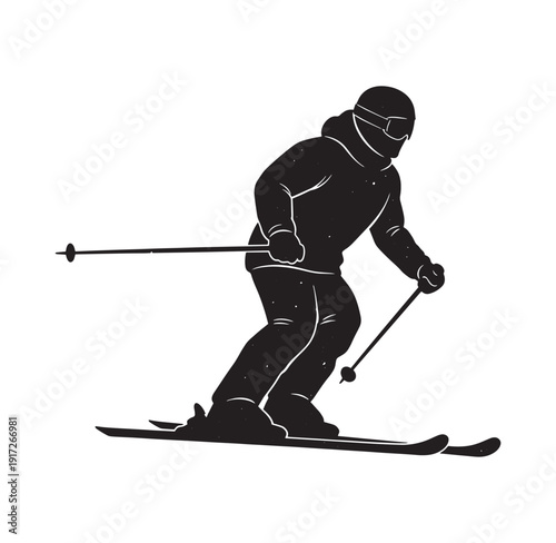 skier in black outfit skiing down a slope with ski poles