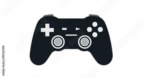 Black gaming controller with white buttons on plain background