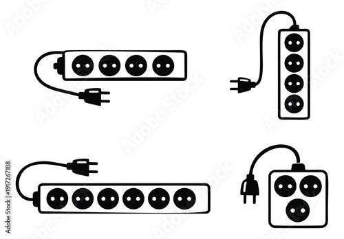 Hand drawn line art power strip set featuring multiple electrical outlets and plugs in various configurations for power distribution