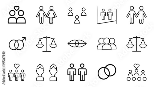 A panel of various linear outline icons featuring people, scales, linked circles, and symbols related to gender and partnership.